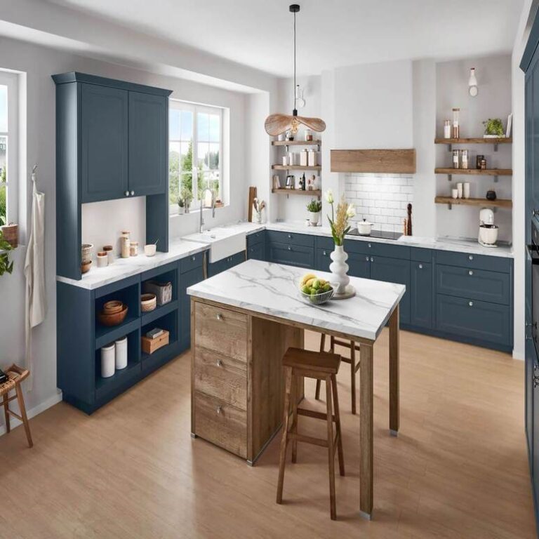 Dunkelblaue Landhausküche Küche im Landhausstil in Dunkelblau mit Marmor-Kochinsel, Holzregalen und Barhockern – Küchenidee